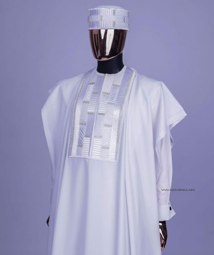 A White, Related Lines Embroidery, Silver Crystal Swarovski Stones Detailing agbada