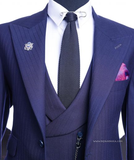 A Navy blue, monochrome pencil stripe nobility super “140s” “Board Room” Peak lapel suit