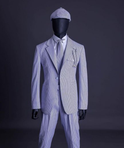 A monochrome seersucker (rail road stripe) notch lapel suit