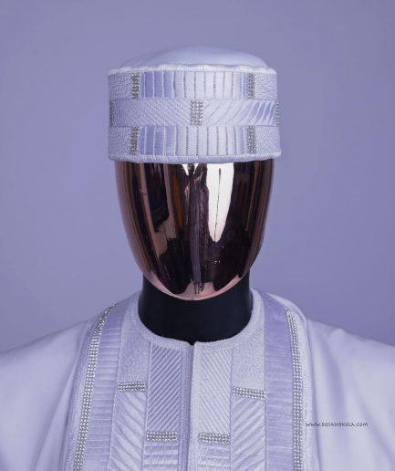 A White, Related Lines Embroidery, Silver Crystal Swarovski Stones Detailing agbada