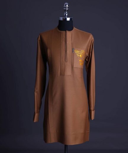 A Gingerbread brown, wide double lane flap, patch pocket with “Golgotha” embroidery detailing African senator kaftan native.