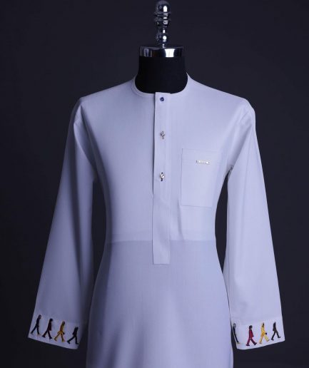 A White, front flap with mixed Swarovski buttons, patch pocket, free hand cuff with (keep walking) embroidery detailing African senator kaftan native.