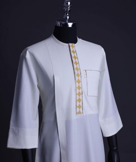 An Ivory White, front flap, patch pocket with gold embroidery detailing African senator kaftan native.