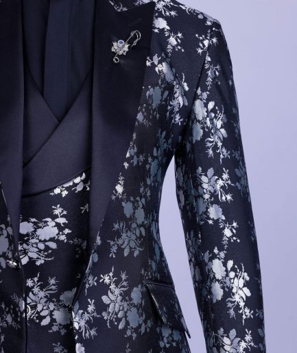 A Dispersed Charcoal black and splashed silver jacquard tuxedo suit.