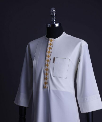 An Ivory White, front flap, patch pocket with gold embroidery detailing African senator kaftan native.