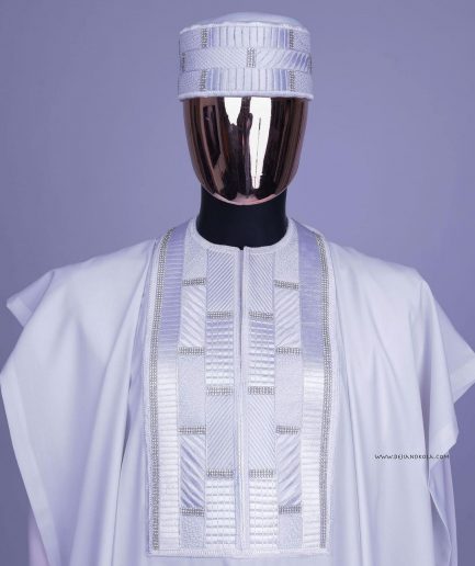 A White, Related Lines Embroidery, Silver Crystal Swarovski Stones Detailing agbada