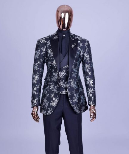 A Dispersed Charcoal black and splashed silver jacquard tuxedo suit.