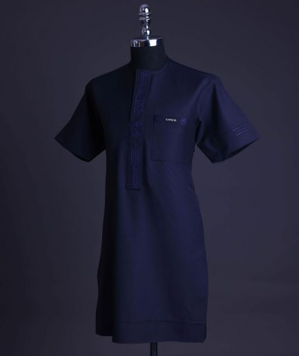 A Navy blue front flap, patch pocket with spiral embroidery detailing African senator Kaftan