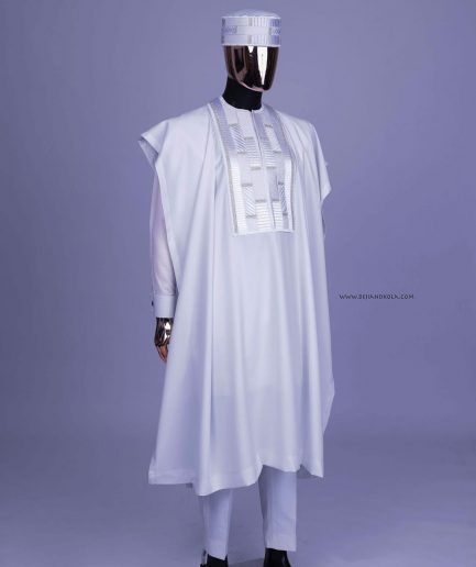 A White, Related Lines Embroidery, Silver Crystal Swarovski Stones Detailing agbada