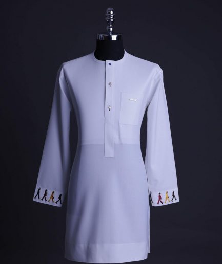 A White, front flap with mixed Swarovski buttons, patch pocket, free hand cuff with (keep walking) embroidery detailing African senator kaftan native.