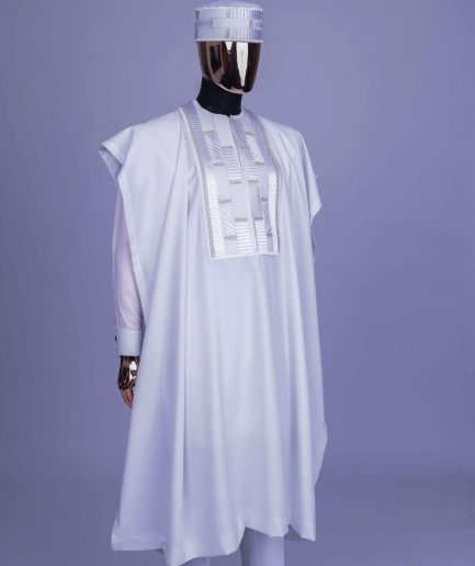 A White, Related Lines Embroidery, Silver Crystal Swarovski Stones Detailing agbada