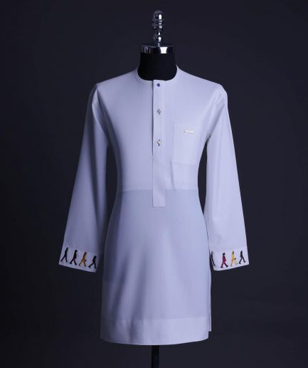 A White, front flap with mixed Swarovski buttons, patch pocket, free hand cuff with (keep walking) embroidery detailing African senator kaftan native.