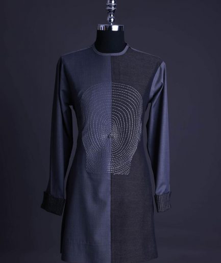 A charcoal and porpoise grey, Mid-Cut with head hologram embroidery detailing African senator kaftan native.