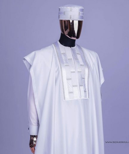 A White, Related Lines Embroidery, Silver Crystal Swarovski Stones Detailing agbada