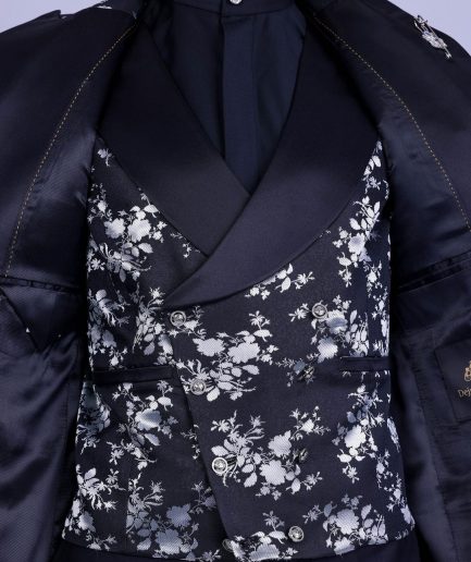A Dispersed Charcoal black and splashed silver jacquard tuxedo suit.