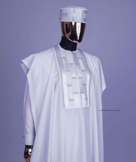 A White, Related Lines Embroidery, Silver Crystal Swarovski Stones Detailing agbada