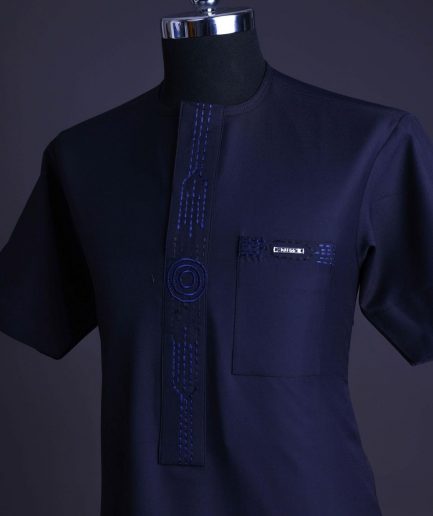 A Navy blue front flap, patch pocket with spiral embroidery detailing African senator Kaftan