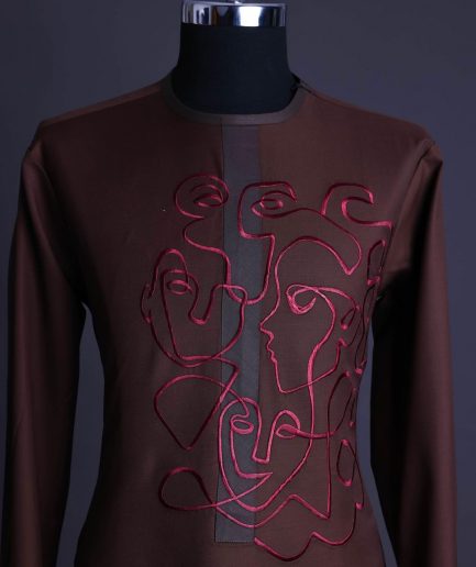 A Hickory Brown, front flap with “Eve Of May” embroidery detailing African senator kaftan native.