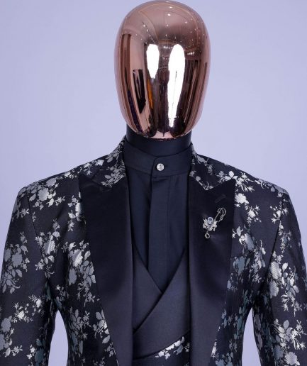 A Dispersed Charcoal black and splashed silver jacquard tuxedo suit.