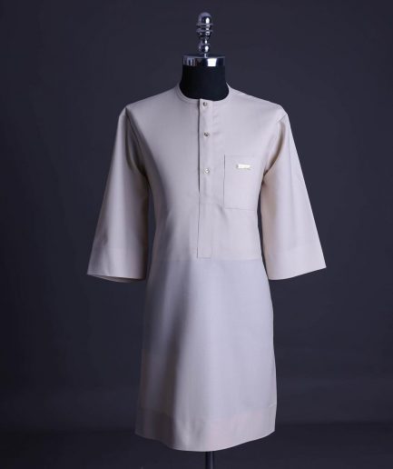 A Porcelain, front flap with gold Swarovski button, patch pocket, 3/4 sleeve African senator kaftan native.