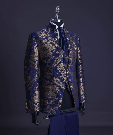 A reloaded “Monaco” gold and blue “Mandarin” jacquard floral single button front cut layered suit