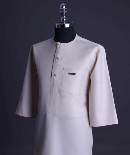 A Porcelain, front flap with gold Swarovski button, patch pocket, 3/4 sleeve African senator kaftan native.