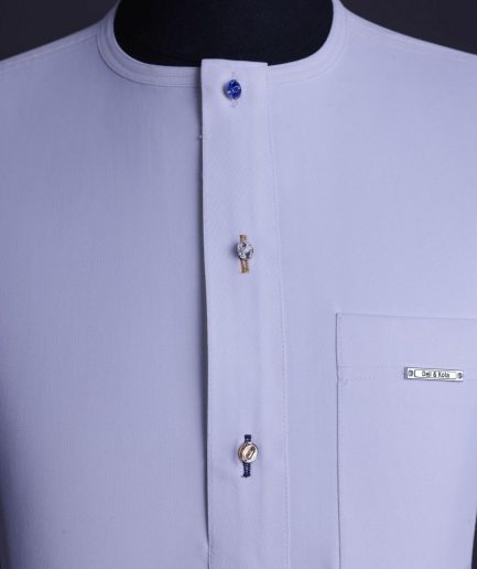 A White, front flap with mixed Swarovski buttons, patch pocket, free hand cuff with (keep walking) embroidery detailing African senator kaftan native.