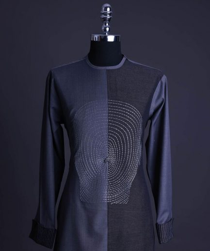 A charcoal and porpoise grey, Mid-Cut with head hologram embroidery detailing African senator kaftan native.