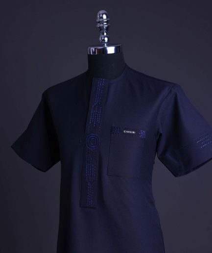 A Navy blue front flap, patch pocket with spiral embroidery detailing African senator Kaftan