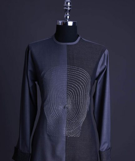 A charcoal and porpoise grey, Mid-Cut with head hologram embroidery detailing African senator kaftan native.