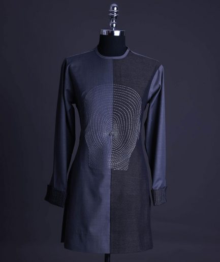 A charcoal and porpoise grey, Mid-Cut with head hologram embroidery detailing African senator kaftan native.