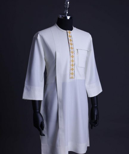 An Ivory White, front flap, patch pocket with gold embroidery detailing African senator kaftan native.