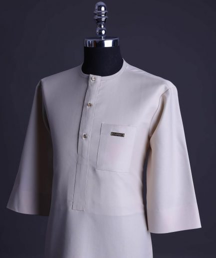 A Porcelain, front flap with gold Swarovski button, patch pocket, 3/4 sleeve African senator kaftan native.