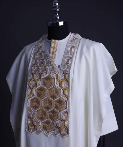 An Ivory White, Connected inverted cube -layered 3D embroidery design with splashed gold ss30 Swarovski stone details Agbada