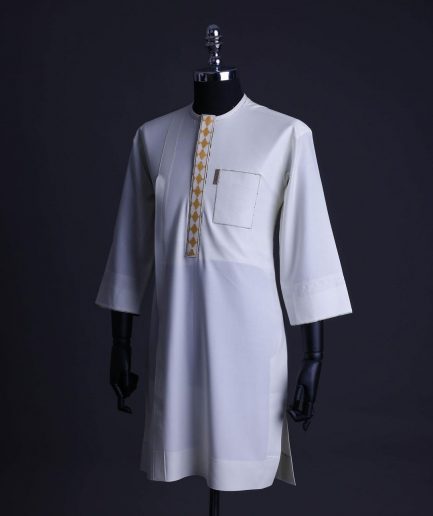 An Ivory White, Connected inverted cube -layered 3D embroidery design with splashed gold ss30 Swarovski stone details Agbada