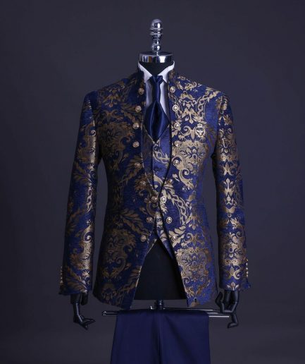 A reloaded “Monaco” gold and blue “Mandarin” jacquard floral single button front cut layered suit