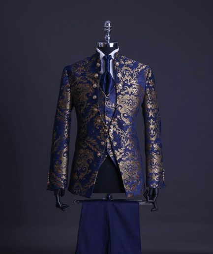A reloaded “Monaco” gold and blue “Mandarin” jacquard floral single button front cut layered suit