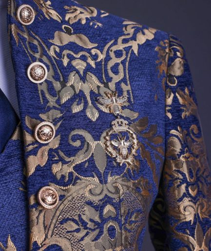A reloaded “Monaco” gold and blue “Mandarin” jacquard floral single button front cut layered suit