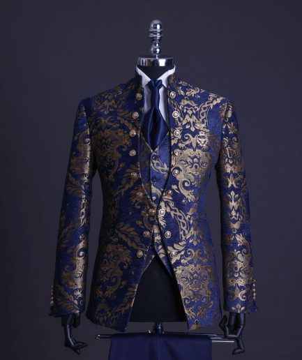 A reloaded “Monaco” gold and blue “Mandarin” jacquard floral single button front cut layered suit