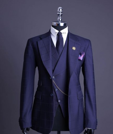 A Navy blue, windowpane check, monochrome nobility super “140s” “Board Room” Notch lapel suit