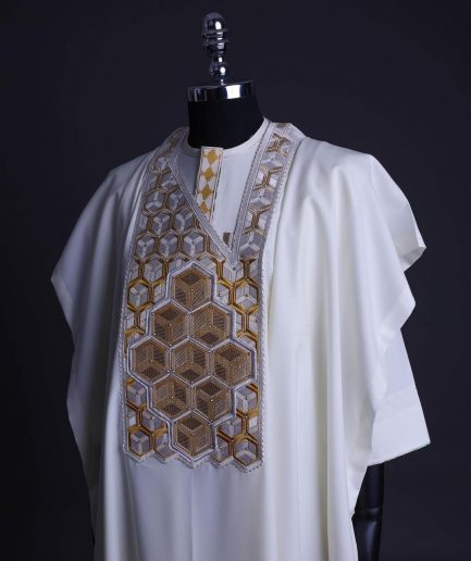 An Ivory White, Connected inverted cube -layered 3D embroidery design with splashed gold ss30 Swarovski stone details Agbada