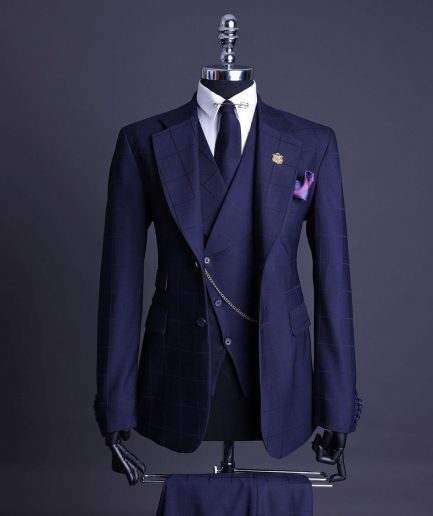 A Navy blue, windowpane check, monochrome nobility super “140s” “Board Room” Notch lapel suit