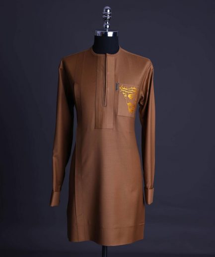 A Gingerbread brown, wide double lane flap, patch pocket with “Golgotha” embroidery detailing African senator kaftan native.