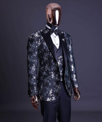 A Dispersed Charcoal black & splashed silver jacquard tuxedo suit