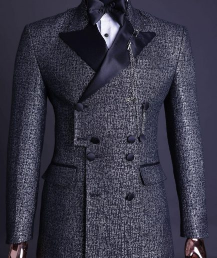 A “pirate” metallic jacquard, layered double breasted, 10 buttons, peak lapel tuxedo suit