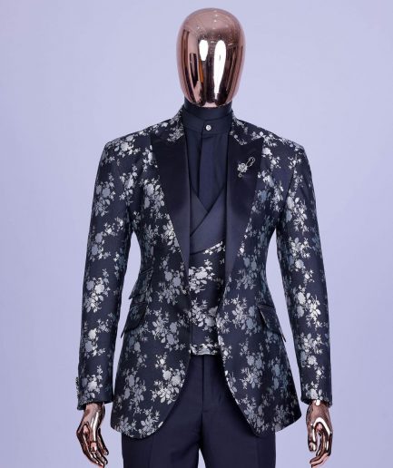 A Dispersed Charcoal black and splashed silver jacquard tuxedo suit.