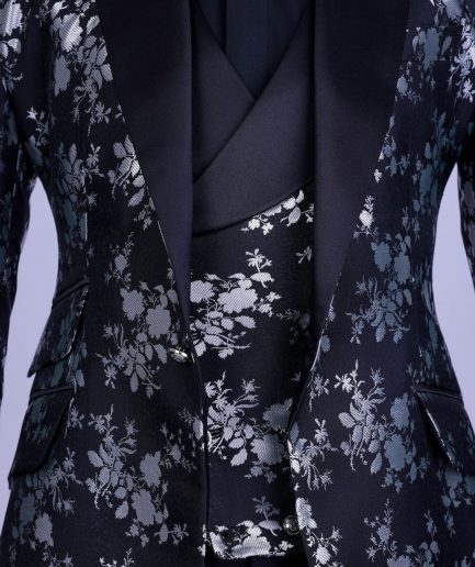 A Dispersed Charcoal black and splashed silver jacquard tuxedo suit.