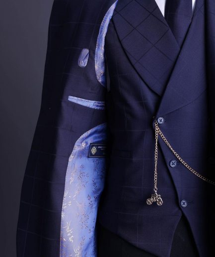 A Navy blue, windowpane check, monochrome nobility super “140s” “Board Room” Notch lapel suit