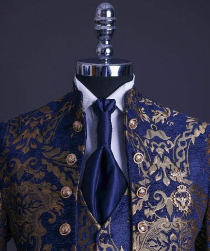 A reloaded “Monaco” gold and blue “Mandarin” jacquard floral single button front cut layered suit