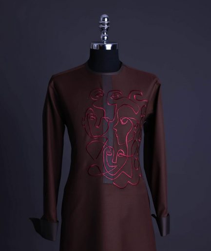 A Hickory Brown, front flap with “Eve Of May” embroidery detailing African senator kaftan native.